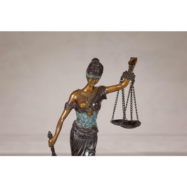 Lady Justice, Cast Bronze Tabletop Statuette with Scales and Sword For Sale In New York - Image 6 of 12