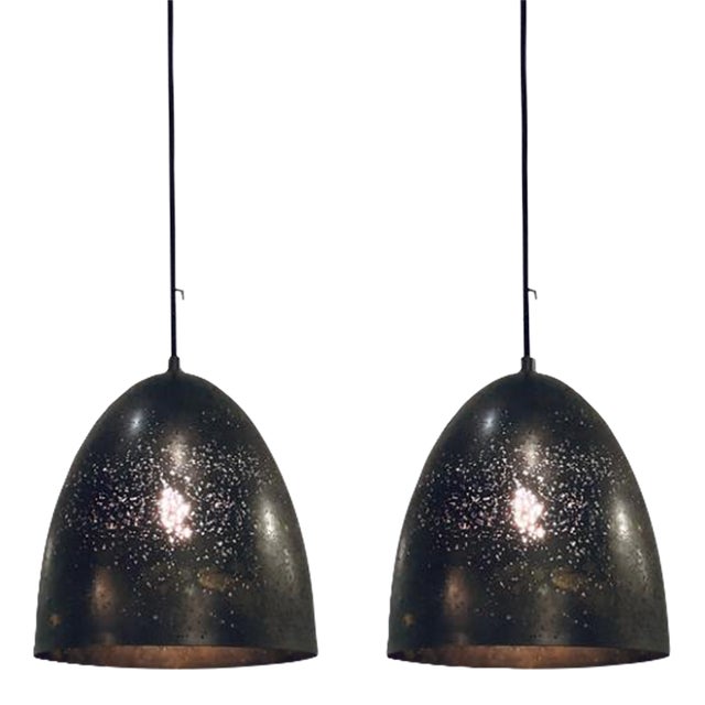Revelation Modern Oxidized Bronze Pierced Darsh Pendant Lights Pair For Sale