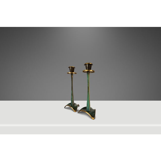 1980s Set of Two (2) Mid-Century Post Modern Judaica Candlestick Holders in Brass and Acrylic Paint Attributed to Oppenheim, Israel, C. 1985 For Sale - Image 5 of 16