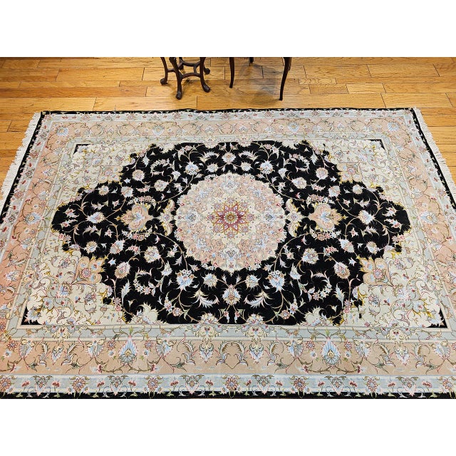 Black Fine Persian Tabriz Rug, Hand-Knotted Wool & Silk, Floral Pattern, Black & Ivory, 7x10 For Sale - Image 8 of 18