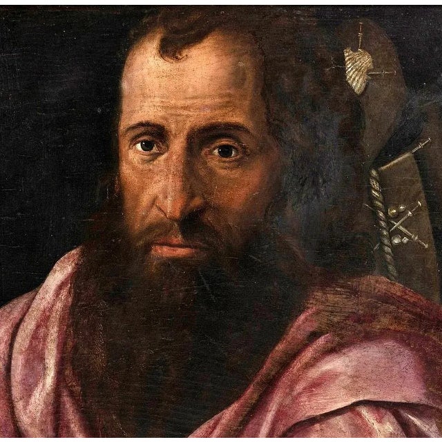 Italian School "Apostle" 17th Century Oil on oak wood Carved and gilded wooden frame. Small defects. Dim.: 44 x 58 cm good...