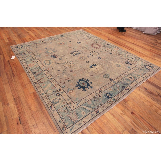 Lovely Soft Neutral Room Size Modern Turkish Oushak Design Area Rug, Country of Origin: Central Asia, Circa Date: Modern...
