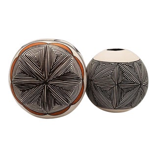 Two Polychrome Southwestern Indian Acoma Vessels in Brown, Black Orange - a Pair For Sale