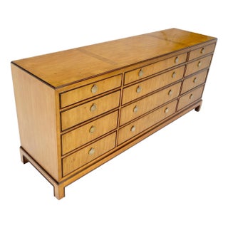 Banded Top 12 Drawers Yew Wood Bracket Feet Mid Century Credenza Dresser For Sale