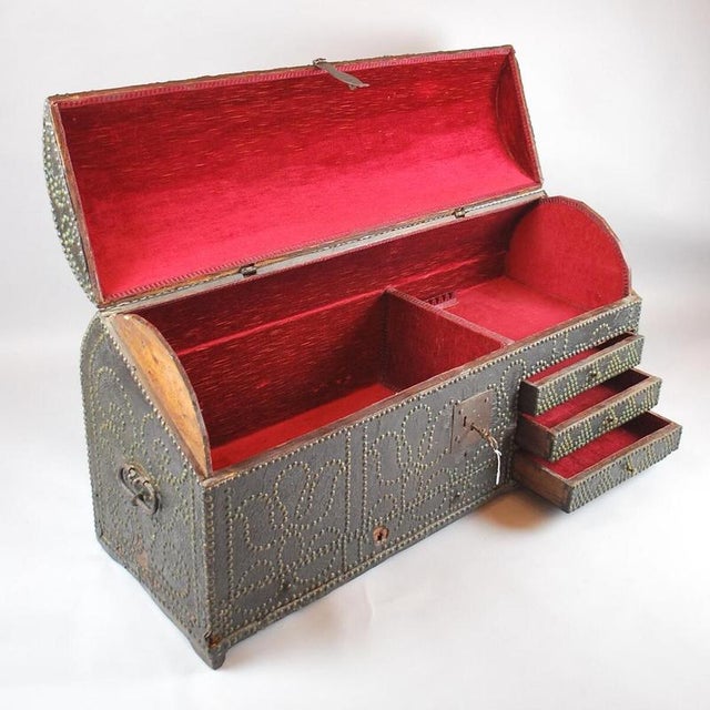 Studded Leather-Wrapped Dome Chest, 18th Wear consistent with age and use.Measures : 118cmx42cm H:58cm Material : leather...