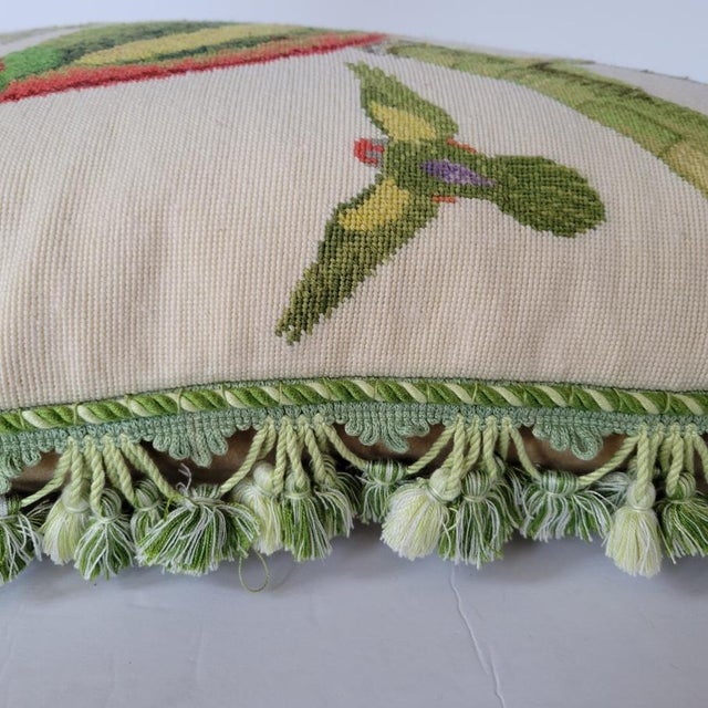 Vintage Needlepoint Green Parrot Down Feather Filled Pillow For Sale - Image 4 of 5