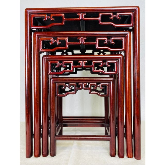 Vintage Hand Carved Asian Style Mahogany Nest of Tables. For Sale - Image 12 of 13