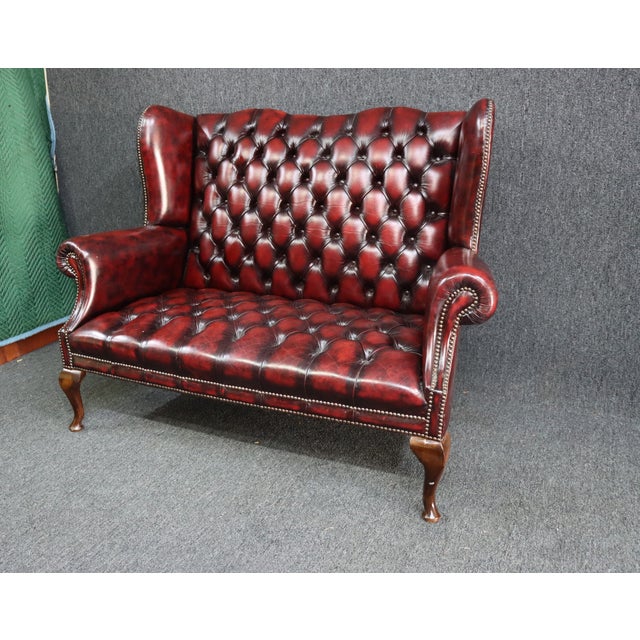 Queen Anne Wing Back Tufted Leather Loveseat Chairish