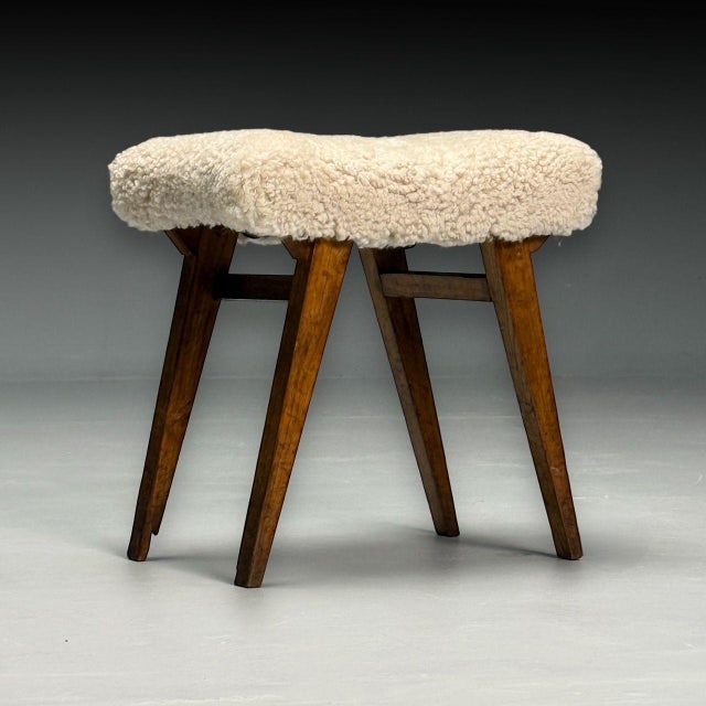 Italian Mid-Century Modern, Rustic Stools, Beige Shearling, Stained ...