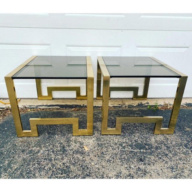 Mid 20th Century Greek Key Brass and Glass End Tables - Set of 2 For Sale - Image 9 of 9