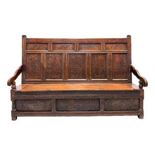 Antique Carved Oak Monks Bench with Storage Chest For Sale