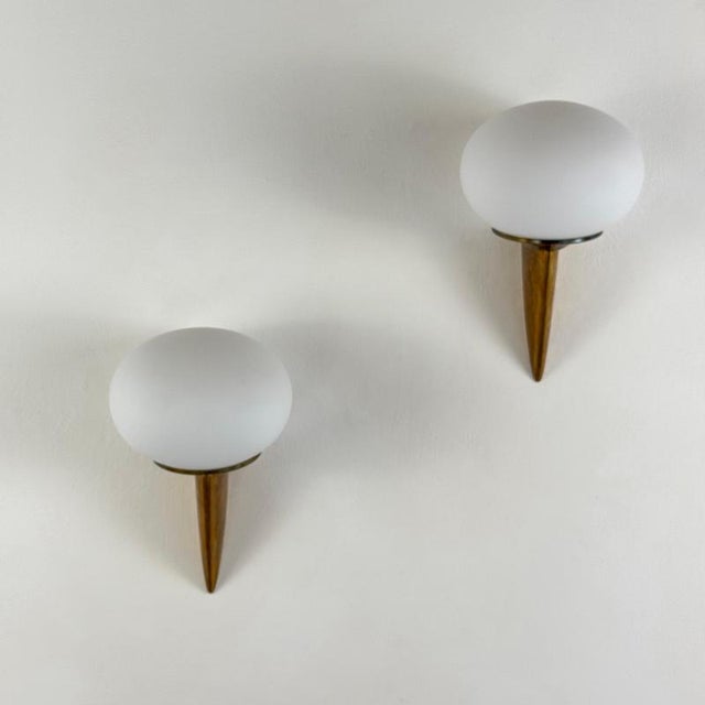 Lancia Wall Sconces in Brass and Opaline Glass from Stilux Milano, 1960s, Set of 2 For Sale - Image 3 of 14