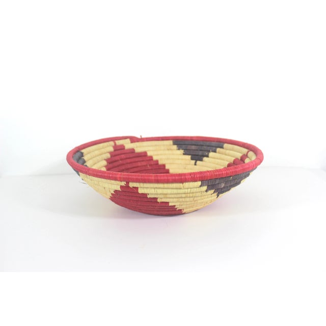 Vintage African Coiled Straw Basket, Red White and Blue For Sale - Image 4 of 6