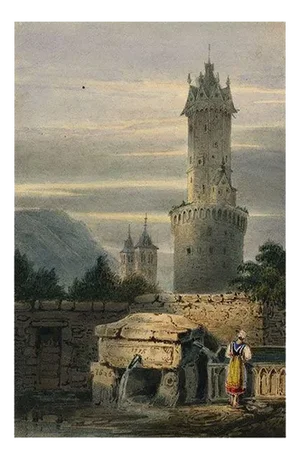 After Samuel Prout, Andernach Round Tower Miniature, 1830s, Watercolour