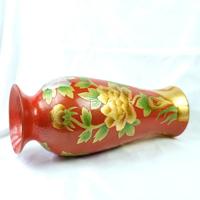 1990s Large Peony Red Vase For Sale - Image 4 of 9