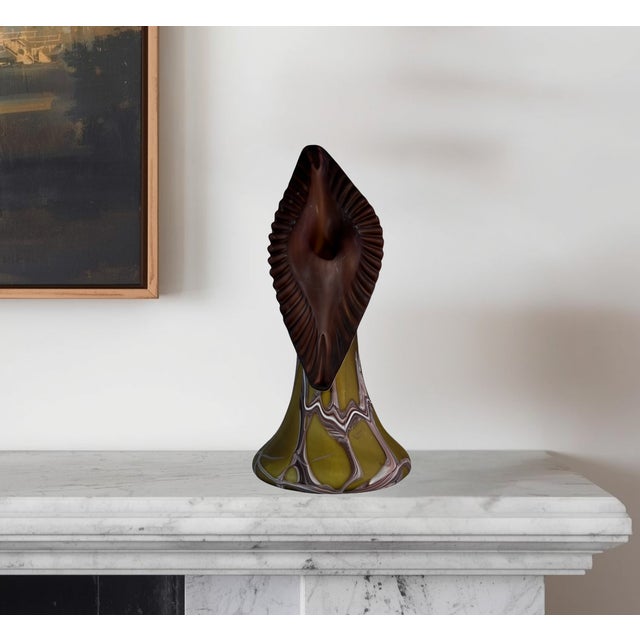 Vintage Essie Zareh Baijan Abstract Jack in the Pulpit Green & Brown Art Glass Vase For Sale - Image 14 of 18