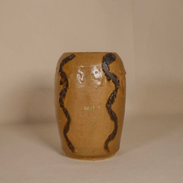 Organic Wheel Thrown Wood-Fired Stoneware Vase With Snake-Like Raised Surface Lines For Sale - Image 11 of 15