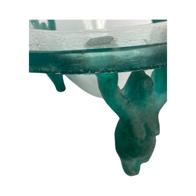 Vintage Green Glass Center Bowl Standing on Three Fixed Thick Glass Nude Figural Legs, Artist Signed Circa 1980. With a...