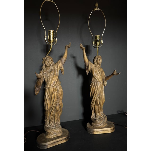 Early 20th Century Pair of Antique Walnut Carved Female Figure Lamps For Sale - Image 14 of 14