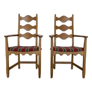 Danish Modern Oak High-Back Wave Ladder Armchairs by Henning Kjærnulf, 1960s, Set of 2 For Sale