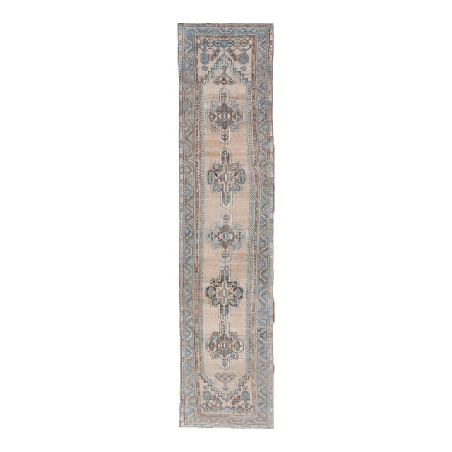 Antique Persian Hamedan Runner With Sub-Geometric Design in Soft Blue and Cream 3'3 X 15'1 For Sale