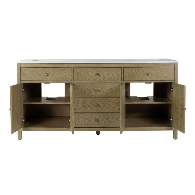 Traditional Nora 72 in. W Quartz and Wood Double Sink 4 Drawer Bathroom Vanity Set, Light Oak For Sale - Image 3 of 12