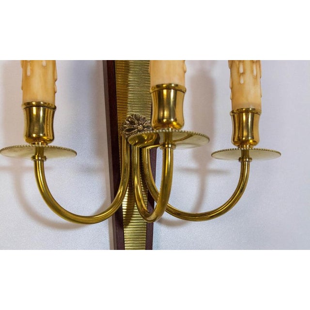 Louis XVI Triple Sconces in Brass and Iroko, 1960s, Set of 2 For Sale - Image 9 of 13