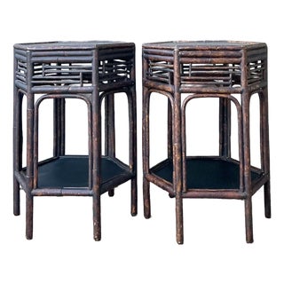 Vintage Asian Fretwork Burnt Bamboo Side Tables - A Pair For Sale