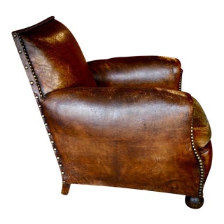 1930s French Leather and Cloth Seat Club Chair For Sale