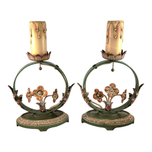 Very Rare Pair of 1920s Moe Bridges Art Nouveau Floral Design Boudoir Lamps