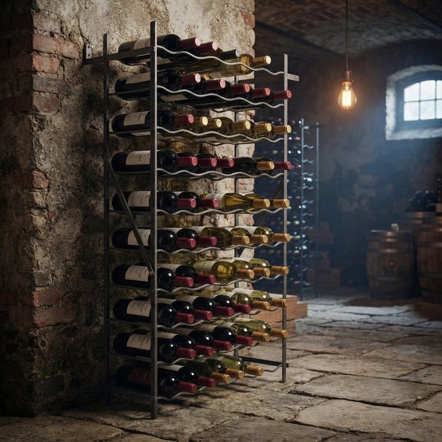 A French industrial-style metal wine rack dating from the early 20th century. The upper section of the rack includes...
