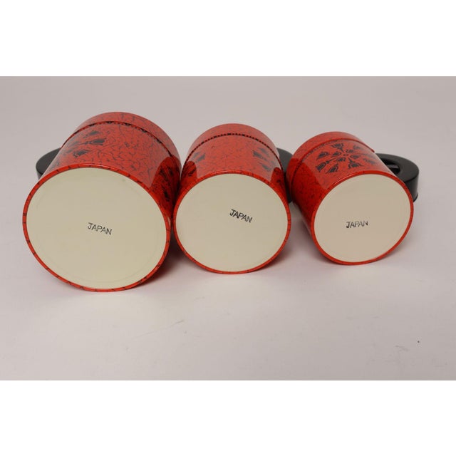 1960s Set of Three Japanese Modern Nesting Canisters With Red and Black Floral Decoration For Sale - Image 5 of 18