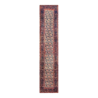 1860s Ivory Antique Paisley Geometric Wool Knotted Bijar Runner Rug For Sale