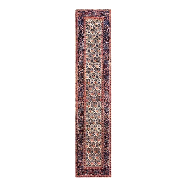 1860s Ivory Antique Paisley Geometric Wool Knotted Bijar Runner Rug For Sale