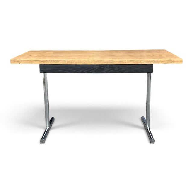 Vintage Mid-Century Modern Oak Writing Desk With Black Drawers & Chrome Base For Sale - Image 4 of 15