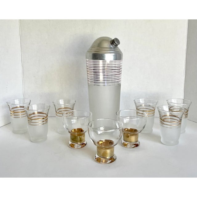 Gold 1940s Art Deco Gold Striped and Frosted Shot Glass and Mixer Set - Set of 10 For Sale - Image 8 of 8