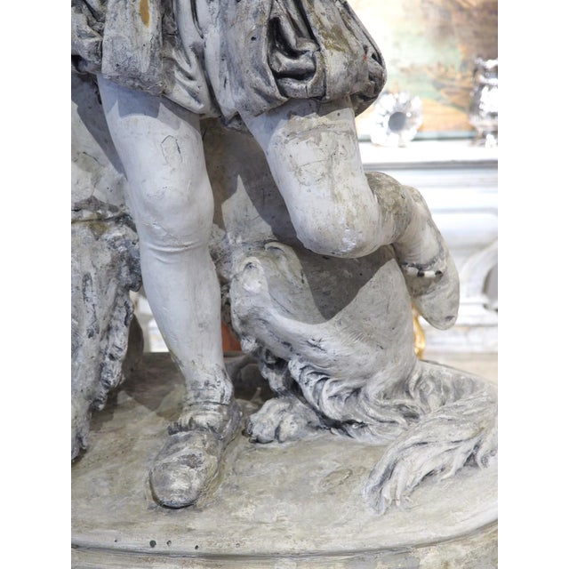 Wood Signed Antique French Plaster Sculpture, a Renaissance Boy and His Dog, C. 1880 For Sale - Image 7 of 18