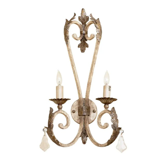 Hollywood Regency Vintage-Style White and Silver Hollywood Regency-Themed Wrought Iron Wall Lamps - a Pair For Sale - Image 3 of 10