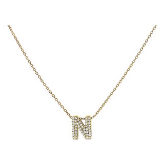10K Yellow Gold Diamond Accent "N" Initial Bubble Pendant Necklace For Sale