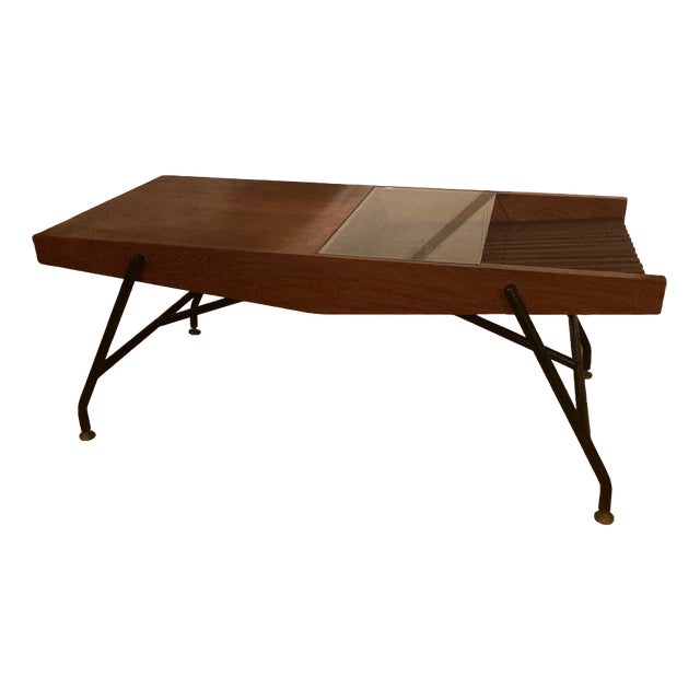 Italian Side Table with Newspaper Rack and Glass Base, 1950s For Sale