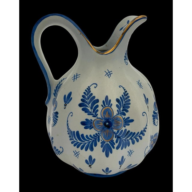 Rare Vintage Blue Gold Delvo Holland Delft Handpainted Water Pitcher Pottery Bird For Sale - Image 4 of 6