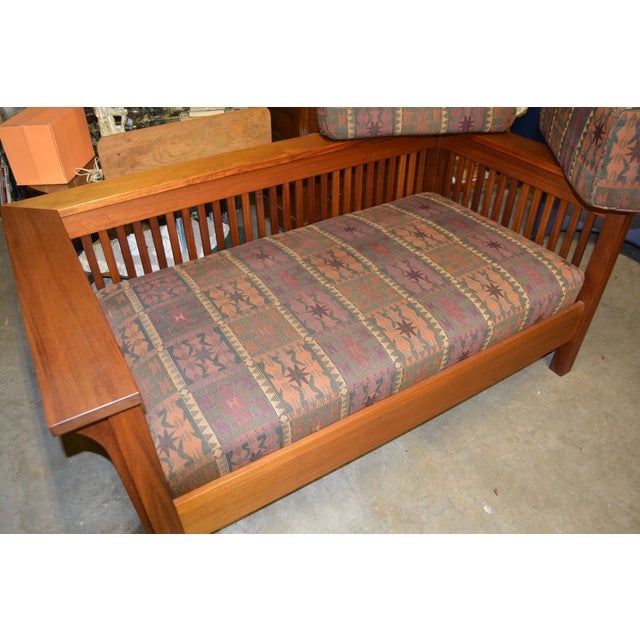 1980s Stickley Style Mission Loveseat / Sofa Wood With Southwest Design Upholstery For Sale - Image 11 of 16
