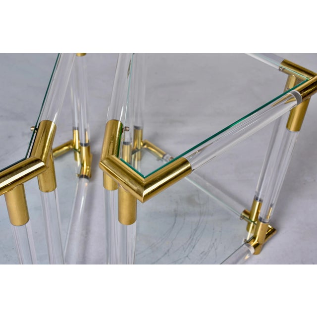 Mid-Century Modern Pair Mid Century Triangular Brass Lucite and Glass Side Tables For Sale - Image 3 of 13