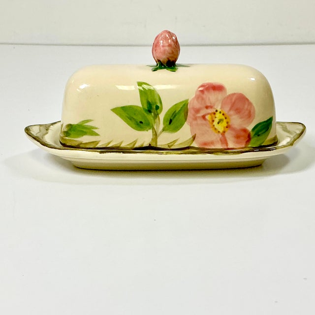 American Mid 20th Century Americana Boho Chic Franciscan Desert Rose Covered Butter Dish, Rose Finial For Sale - Image 3 of 12