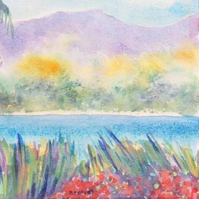 'Tropical Lagoon' by B. Metcalf, Impressionist Landscape With Palm Trees and Bougainvillea For Sale - Image 4 of 7