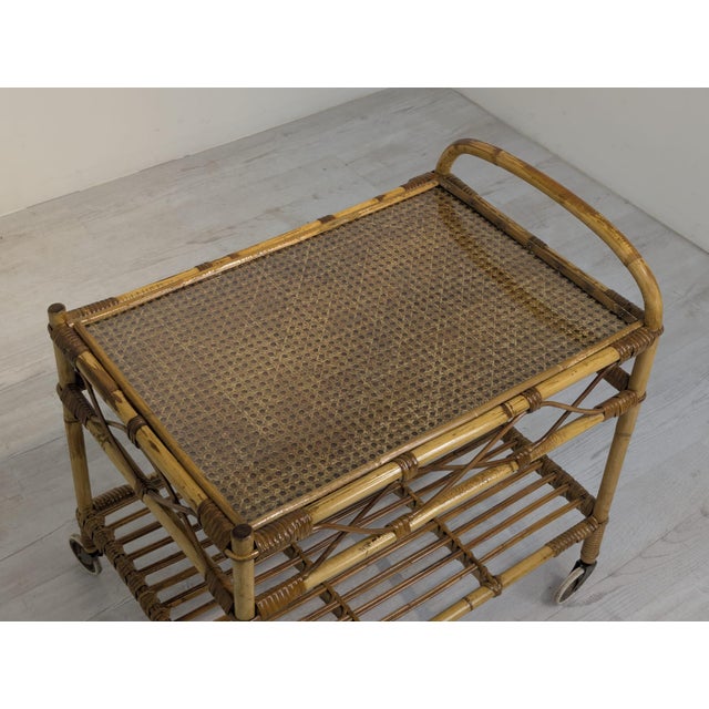 Scandinavian Rattan, Raffia and Glass Serving Cart, 1960s For Sale - Image 10 of 14