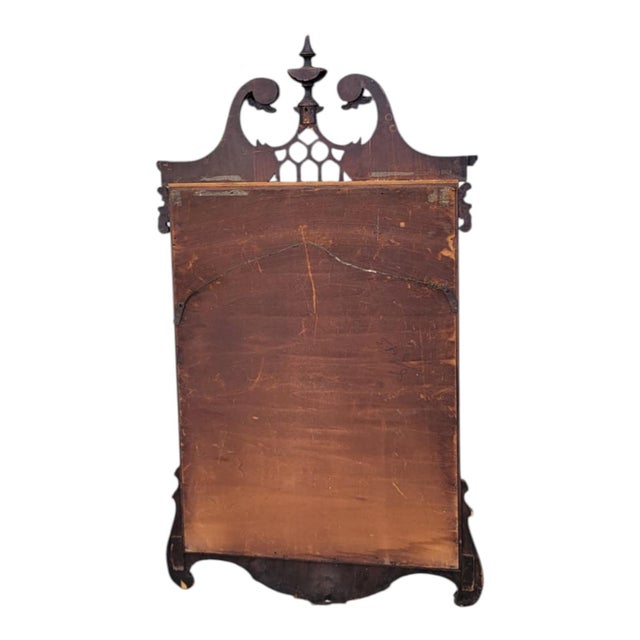 Antique 1920s Chippendale Carved Mahogany Wall Mirror Pediment Crest Mirror For Sale - Image 9 of 16