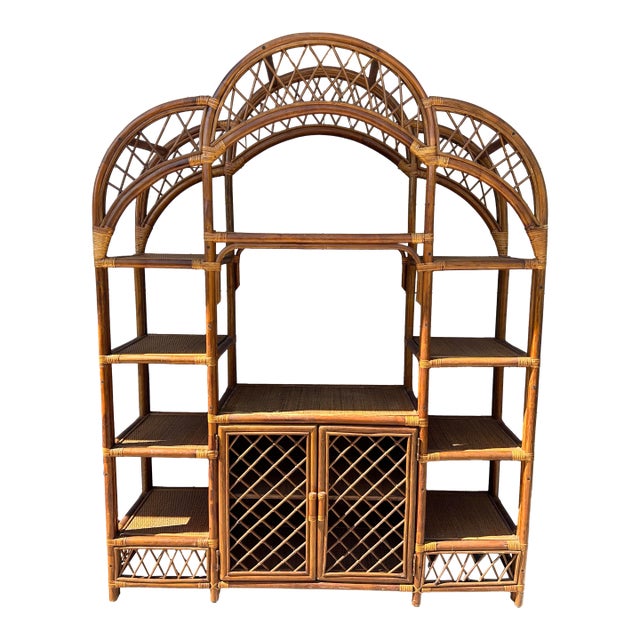 1980s Etagere Pagoda Style Bamboo Rattan Entertainment Center Bookcase For Sale