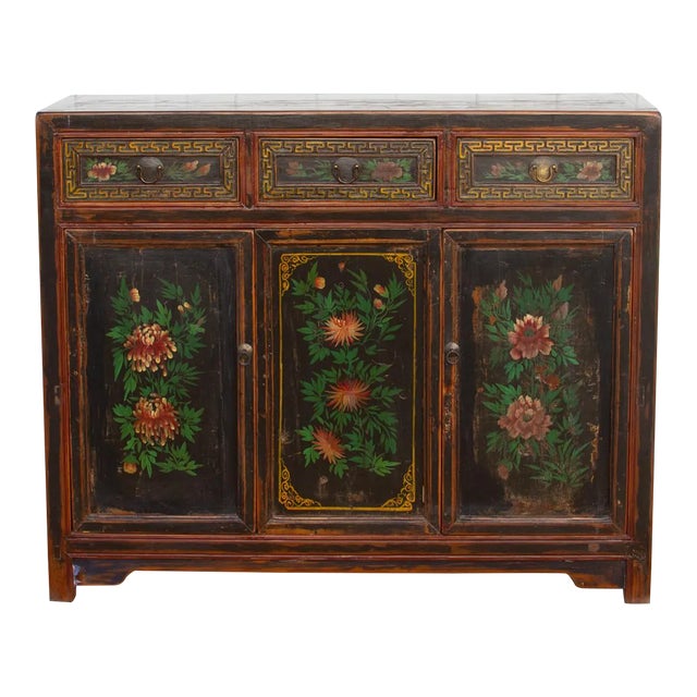 Antique Floral Black Mongolian Cabinet For Sale