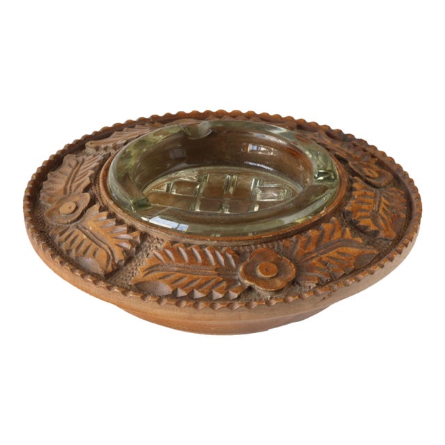 Antique English Arts & Crafts English Carved Wood Ashtray For Sale
